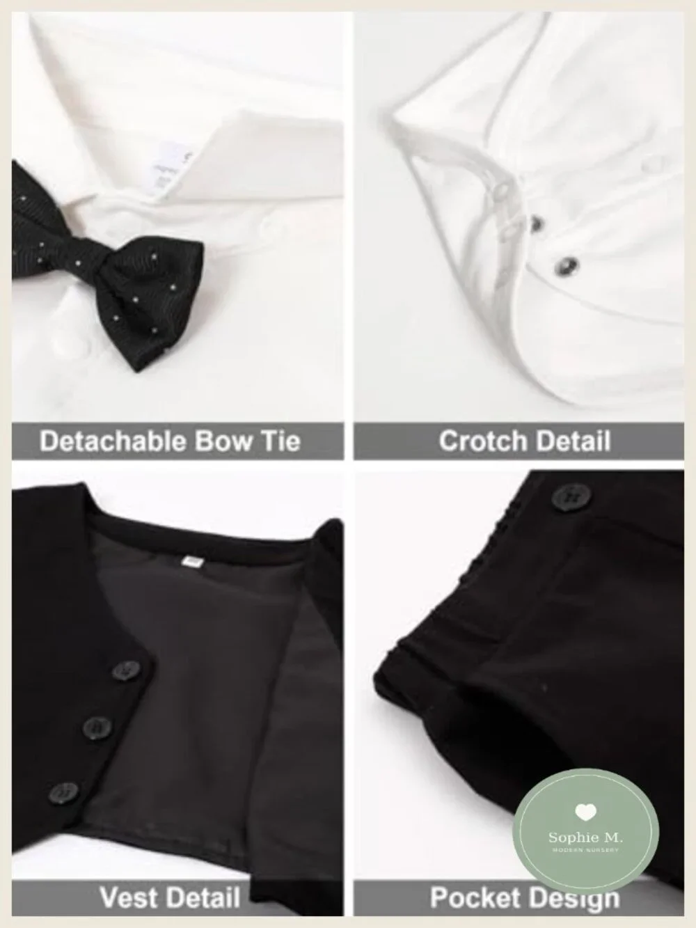 Baby Boy Tuxedo 3PC Suit Set Cotton Blend Formal Outfit Shirt Pants Vest Bowtie